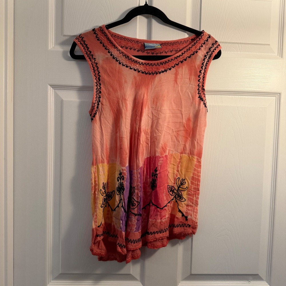 Boutique Tie Dye Tank Top Coral OS‎ Boho Embroidered Festival Summer Casual